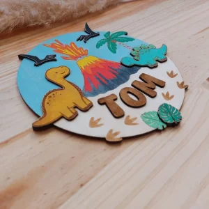 Plaque de Porte Enfant Colorée Bois – Dinos
